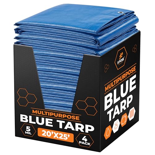 Image of Better Blue Poly Tarp 20' x 25' Bulk (4-Pack) - Multipurpose Protective Cover - Lightweight, Durable, Waterproof, Weather Proof - 5 Mil Thick Polyethylene - by Xpose Safety