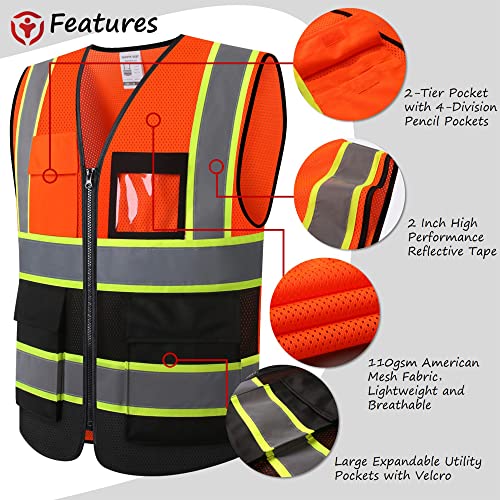 Image of Safety Vest for Men Women Reflective Construction Vest Hi Vis ANSI Standard | ANSI Standard, 8 utility Pockets 4 Reflective Strips with Neon trim High Visibilty Breathable Mesh Safety Apparel for Work