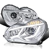 SPEC-D TUNING Chrome LED Projector Headlights Compatible with 2001-2007 Mercedes-Benz W203 C-Class Sedan, Left + Right Pair Headlamps Assembly
