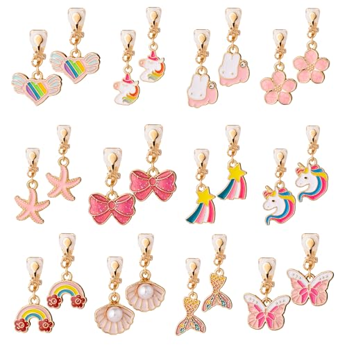 PASEMM 12 Pairs Kids Clip-on Earrings - Cute Unicorn Designs Non-Pierced Dress Up Alloy Jewelry for 4-12 Year Old Girls Birthday Christmas Valentines Day Holiday Gifts Party favors Kids Toys
