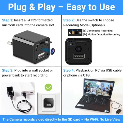 Image of Eye4Spy 1080P USB Charger Mini Camera - Motion Detection, Loop Recording, No Wi-Fi, Support Up to 256GB Card - Home & Office Security Surveillance Camera with Free Type-C OTG Connector