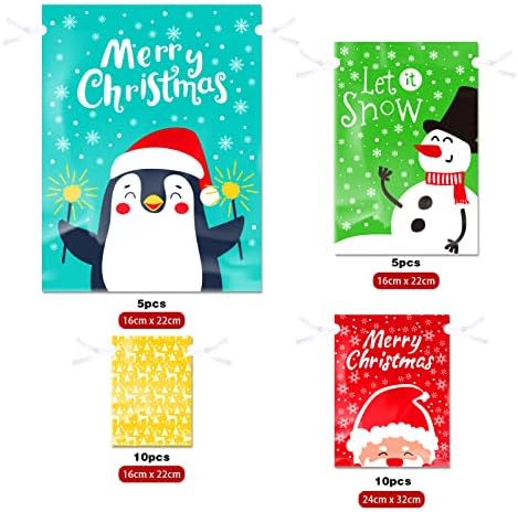 LOKIPA Christmas Drawstring Gift Bags, 30Pcs Assorted Sizes Christmas Foil Wrapping Bag for Xmas Holiday Presents Party Favor