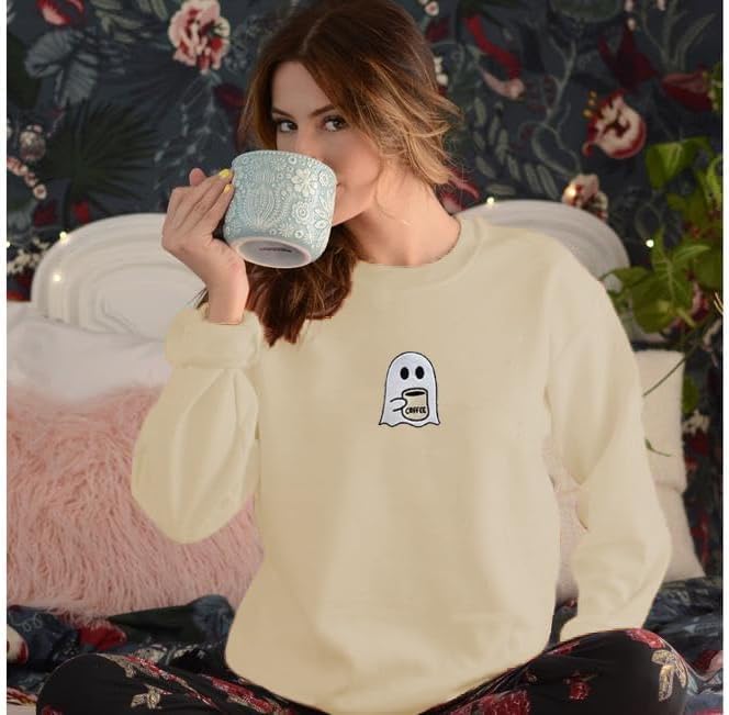 AIIWEIS Halloween Ghost Coffee Sweatshirt Women Embroidered Spooky Long Sleeve Shirt Crewneck Halloween Pullover Top - Image 6