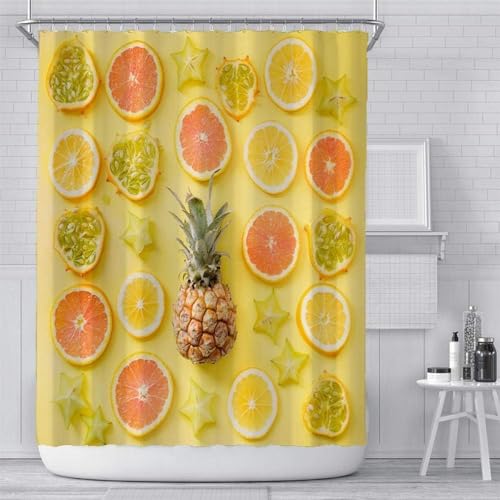Duschvorhang 100x200 cm Ananas Duschvorhang Obstmuster Bad Vorhang Anti Schimmel Wasserdicht 3D Shower Curtains Waschbar Polyester Stoff Duschvorhänge für Badewanne Badezimmer E-1050