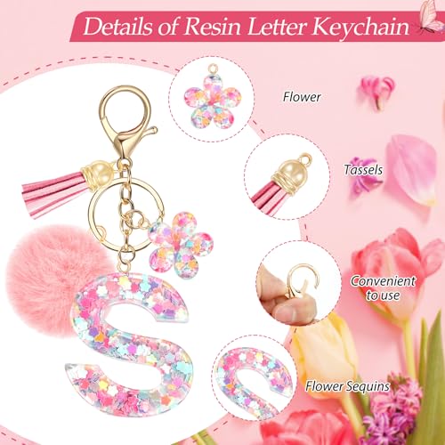 Initial Letter Keychain for Girls, Cute Pink Flower Resin Alphabet Keyrings, Sequins Flower Bag Charm Pendants4