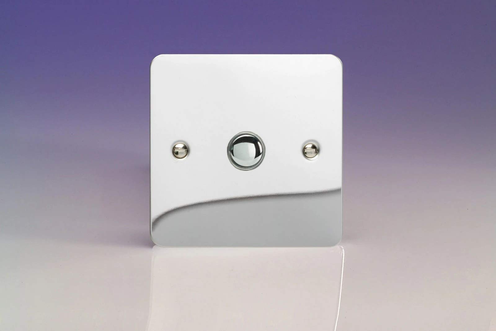 Varilight Polished Chrome (Please Note The Plate Is All The Same Colour, The Images Can Show Lines Or Shades But This Is Just A Reflection During Photography) 1-Gang 6A 1- Or 2-Way Push-On/Off Impulse Switch Polished Chrome Xfcp1