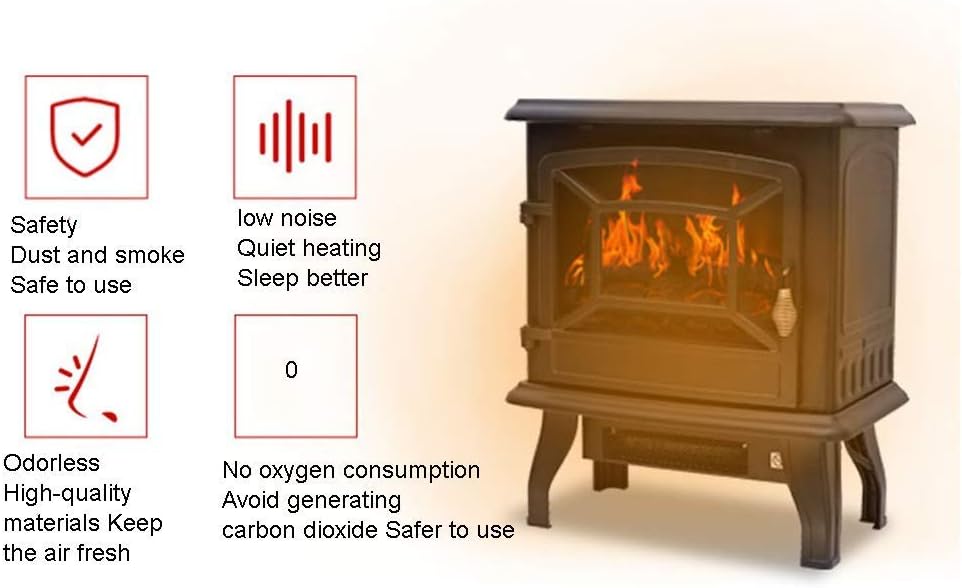 Fireplace Electric Stove Heater with 3D Flame Effect 1400W Portable Freestanding for Living Room Bedroom Adjustable Thermostat No Noise 432x254x515m
