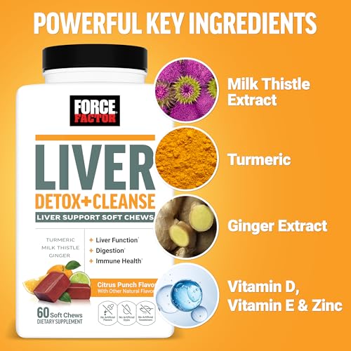 Image of Force Factor Liver Detox, Liver Cleanse Detox & Repair Supplement, with Milk Thistle, Turmeric & Ginger to Support Digestion & Immune Health, Citrus Punch, 60 Soft Chews