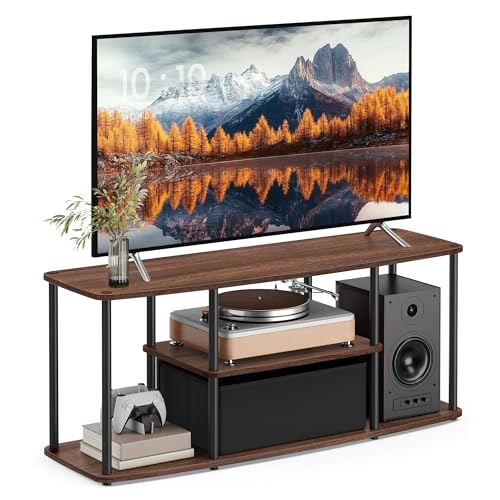 SONGMICS HOME Superfast Toolless Assembly, TV Stand for TVs up to 50 Inches, TV Cabinet Unit, Media Center Table, Living Room, 43 x 14 x 18 Inches, Shelves, Natural Walnut and Ink Black ULTV