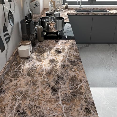 Image of Wide Marble Granite Peel and Stick Wallpaper Contact Paper for Countertops | Counter Top Covers Brown Thick Waterproof Self-Adhesive Marble Vinyl Wrap 31.5x354inch Dark Wall Paper for Kitchen Bathroom
