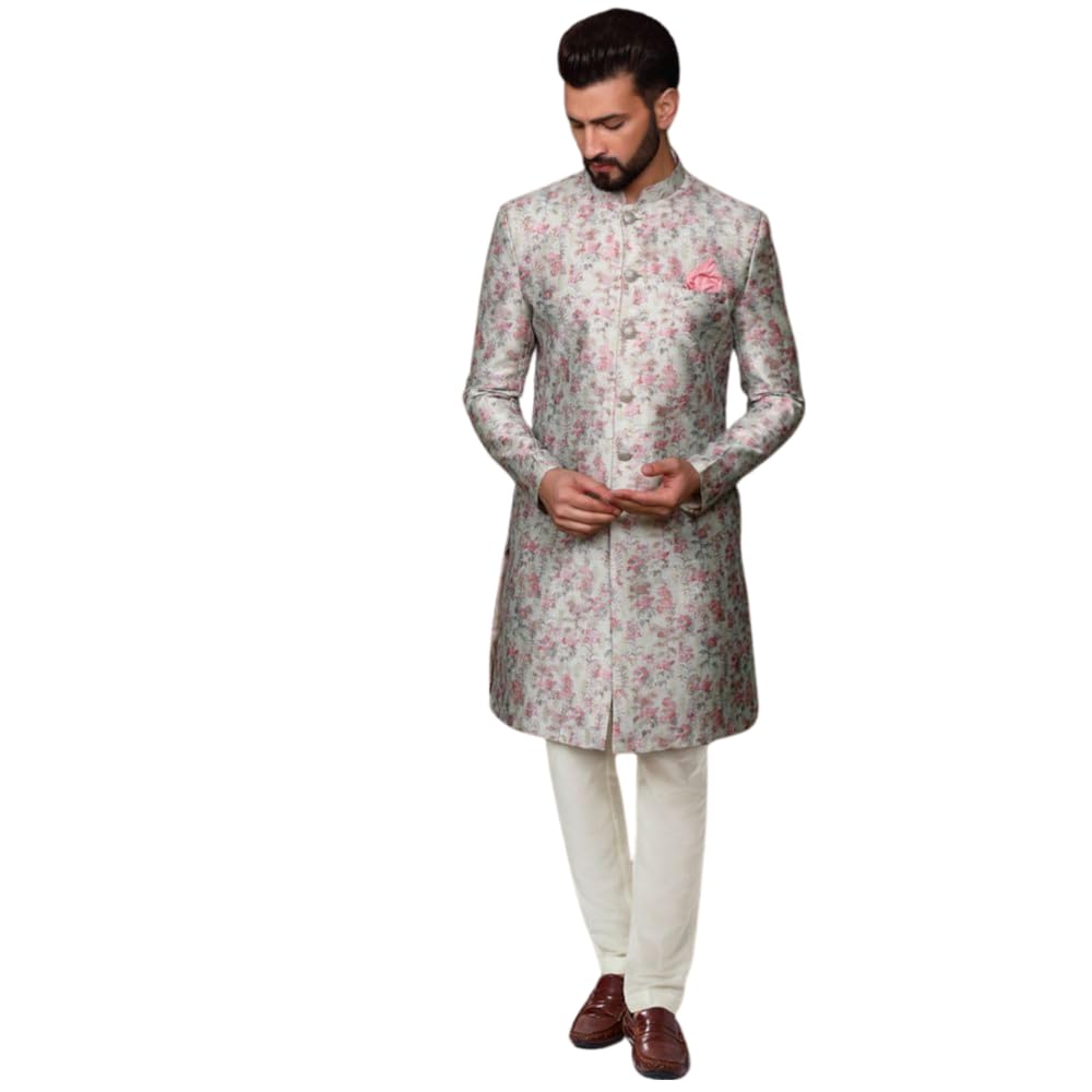 Men's Indo-Western Sherwani Trouser Set, Multi Silk Blend, Printed Regular Fit Mandarin Collar Long Sleeves-image-14