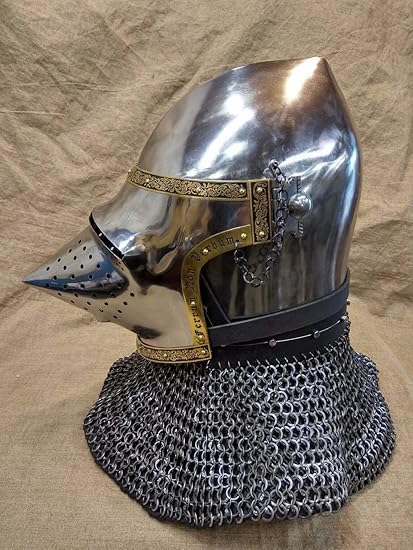 Casque médiéval Bascinet Hounskull avec visière gravée - Cadeau de collection pour père - Argent