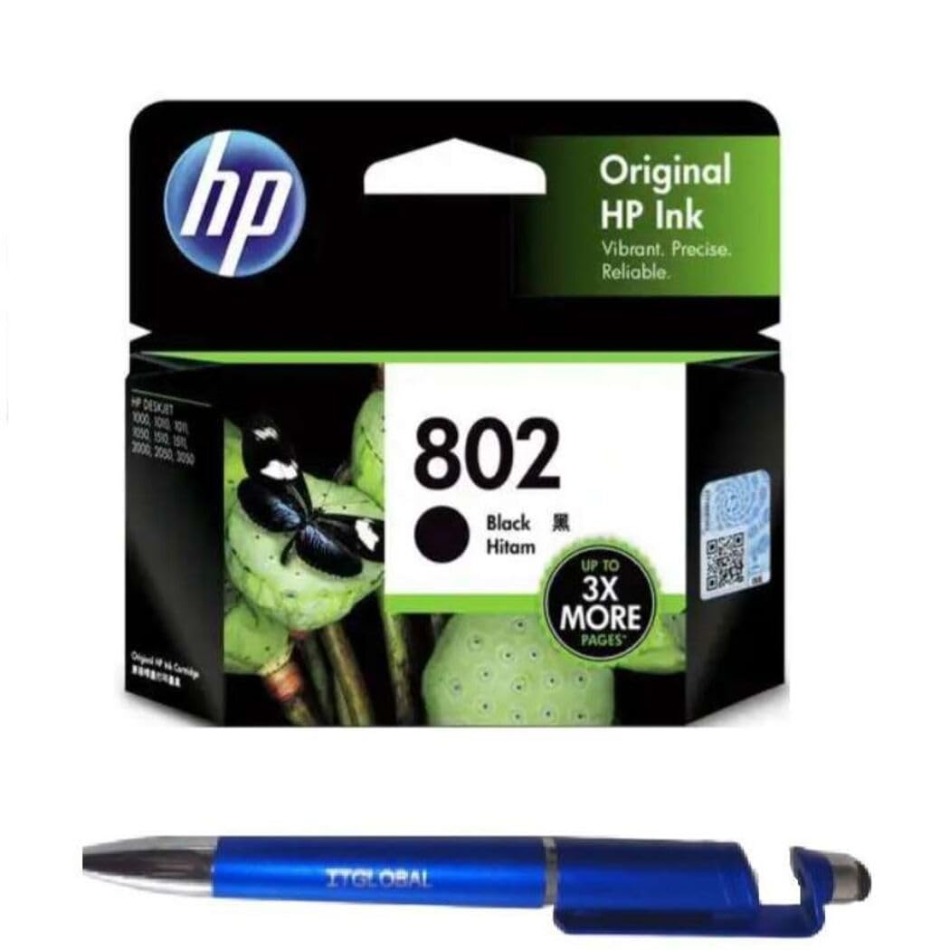 Value Pack Combo OG 802 Large Black Ink Cartridge for HP Selected Printer with 3in1 Multi-Function Creative Mobile Phone Stand, Stylus Pen, Ballpoint Pen (Very Colors) 802 L Black