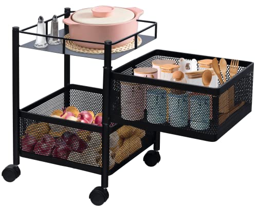 Plantex Square 3-Tier Rotating Storage Rack/Shelf/Basket for Living-Room-Shelf Trolley with Wheels for Bathroom Accessories (Black)(GI Metal)