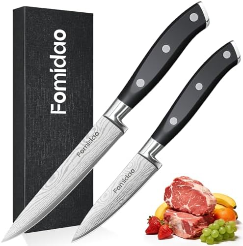 Razor Sharp 2PCS Small Kitchen Knife Set, 5 inch Utility Knife and 3.5 inch Paring Knife, High Carbon Steel Damascus Pattern Multipurpose Chef Knife with Full Tang Handle Design for Home Kitchen