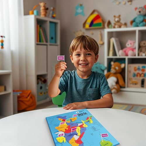Image of SPARTAN KIDS India Map Puzzle, Learn Indian States & Capitals, Educational Toy for Ages 4-8, 25-Piece Jigsaw with Foam Frame, 33 Flags, 70 Capital Stickers, Geography Gift for Kids