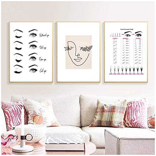 Preisvergleich Produktbild zhaoyangeng Moderner Leinwanddruck Mit Wimpernverlängerung Make-Up Leinwandmalerei Nordic Poster Beauty Salon Dekor Mädchen Geschenk- 50X70Cmx3 Ungerahmt
