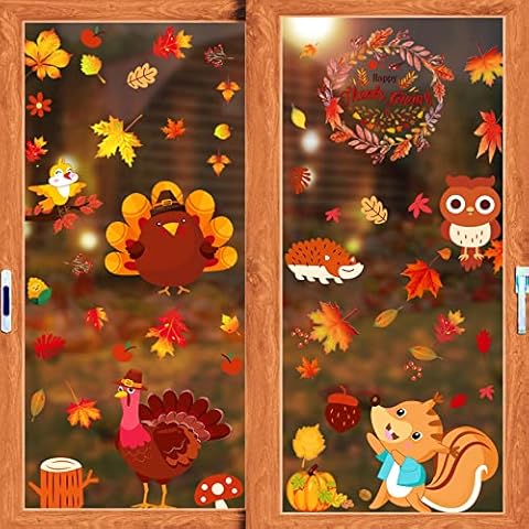 OEAGO 197 Pcs Fall Decor Leaves Window Clings -Fall Decorations for Home,Thanksgiving/Autumn Maple Decals,Home School Office Thanksgiving Party Decor Supplies Cover