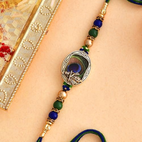 Image of VOYLLA Peacock Feather Beaded Single Rakhi with Roli Chawal Pack -Rakhi For Brother