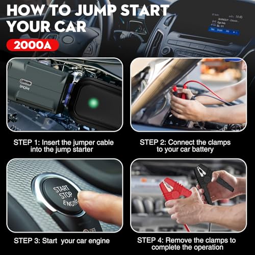 NEXPOW 2000A Peak Car Battery Jump Starter Portable with USB Quick Charge 3.0 (Up to 7.0L Gas or 6.5L Diesel Engine), 12V car Starter Jump Box, Battery Booster with Built-in LED Light - Thumbnail 3