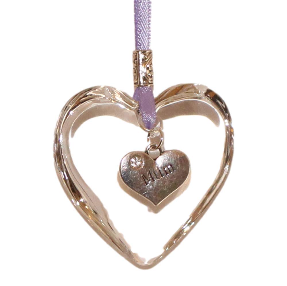 The Heart Shack Lilac Glass Hanging Heart Keepsake With Mum Charm On Ribbon
