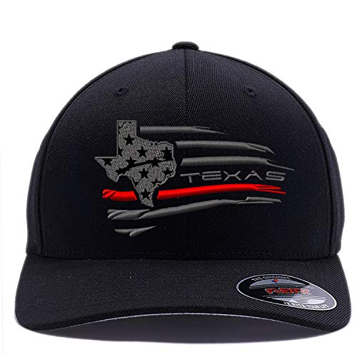 Texas Thin Red Line USA Flag with State map Embroidered Black Flexfit Cap (S M, Black (TX))