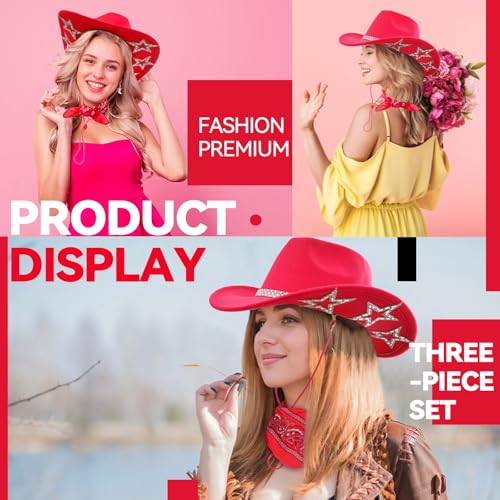 Image of SHENYI Cowgirl Hat and Bandana and Heart Sunglasses Glitter Rhinestone Star Cowboy Hat Western Sparkly Hats for Women Men