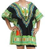 RaanPahMuang Dashiki Colorful Shirt for Women Short Sleeve Elastic Waist V-Neck, Medium, Medium Green