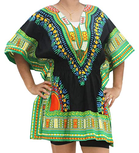 RaanPahMuang Dashiki Colorful Shirt for Women Short Sleeve Elastic Waist V-Neck, Medium, Medium Green