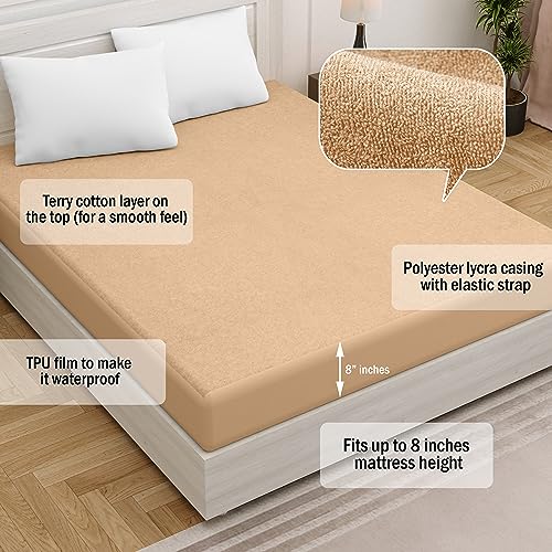 Image of Amigos 100% Waterproof Ultra Soft Cotton Feel Terry Mattress Protector King Size 84 inchx 72 inch | Breathable Hypoallergenic Elastic Fitted Mattresses Cover (84x72, Golden Baige)