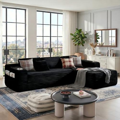 Image of KCGKCG 106 inch Cloud Sectional Couch with L Shape Chaise, Modern Frameless Modular Sofa with Cup Holders, Higher 17.7 inch Seat Height, 32D Pure Foam, No Assembly for Apartment (Black, Right Facing Chaise)