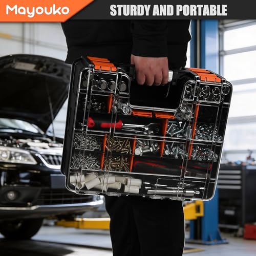 Image of Mayouko Double Side Tool Box with Transparent Lid, 8 Movable Small Trays & Removable Dividers, Multi-Function Small Parts Organizer, for Hardware, Screws, Bricks, Nails, Jewelry and Fishing Tackle