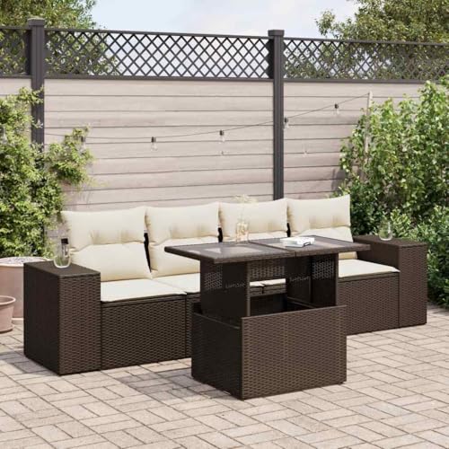 Homgoday Sofa Jardin Conjunto Jardin Sofa Jardin Exterior Set Comedor de jardín 5 Piezas y Cojines ratán sintético marrón Rattan Garden Furniture con Cojines sin almacenaje Marrón y Crema