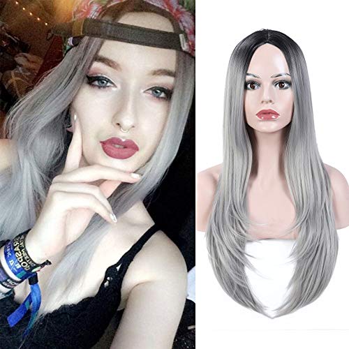 Lihui Wigs Long Wigs For Women Gray Synthetic Hair Wigs With Middle Part Natural Straight Synthetic Wigs Heat Resistant Cosplay Wig (26 Inch, Gray)