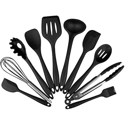 10 Piece Silicone Kitchen Utensils Set, BPA Free Cooking & Baking Set Contains 2xSpatula Cooking Spoon Ladle Turner Spaghetti Spoon Serving Spoon Whisk Tongs Pastry Brush(10 PCS Black) Cover