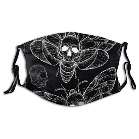 YUDILINSA Face Cover,Death's Head Hawk Moth Or Acherontia Atropos In White And Skulls,Unisex Reusable Windproof Anti Dust Mouth Bandanas Outdoor Camping Motorcycle Running Neck Gaiter With 2 Filters Cover