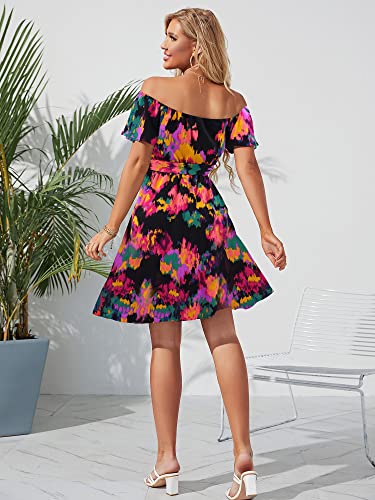 Image of Off Shoulder Ruffle Dress for Women, A-Line Mini Dress with Belt, Fitted Bust Summer Wedding Guest Dress