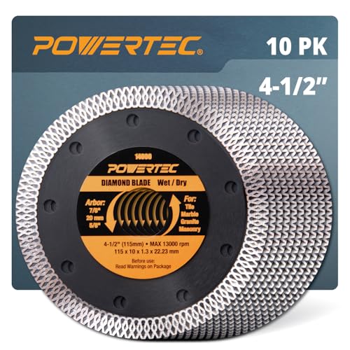 Image of POWERTEC 4-1 /2 Inch Diamond Saw Blades for Angle Grinder 10 Pack, Super Thin Turbo Mesh Rim Tile Blades for Cutting Porcelain, Granite Tile & Ceramic Tile, 4.5 inch Diamond Blades (14000-P10)