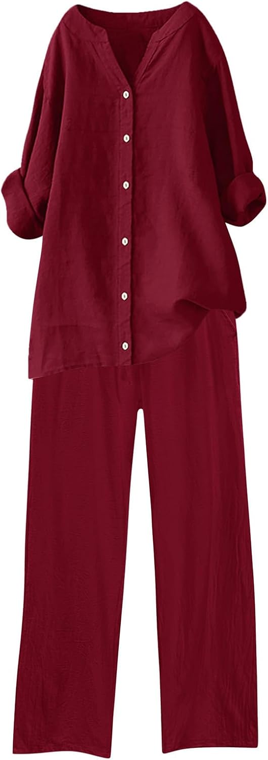 HGps8w Women's Summer Cotton Linen Two Piece Outfits Casual Solid Long Sleeve Button Down Oversized Shirts and Long Pants Set