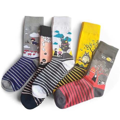 5 Pairs Stripe Colorful Patterned Medium High Top Cotton Crew Socks for Women, Kawaii Cartoon Howl, Kiki, ect