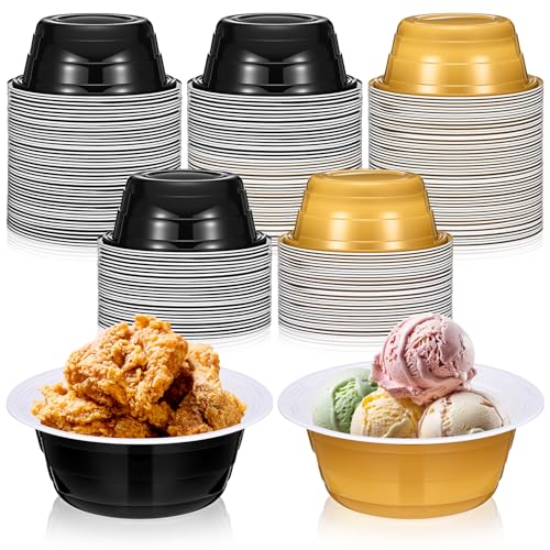 Baderke 50 Pcs Gold and Black Party Cup Bowls 23 oz Disposable Plastic Bowls for Cold and Hot Food Snacks Salads and Desserts for Graduation Party Supplies Birthday Holiday Event
