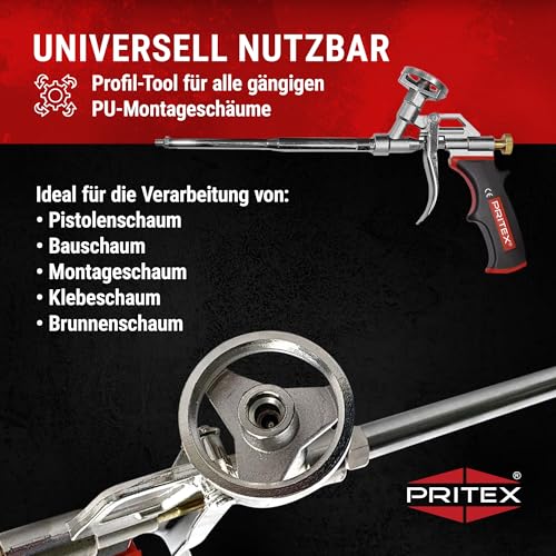 PRITEX – 1 x Schaumpistole inkl. Düsenverlängerung – Bauschaumpistole für Pistolenschaum, Bauschaum, Montageschaum uvm. – Metallpistole mit gummiertem Handgriff – Montagepistole für präzise Dosierung