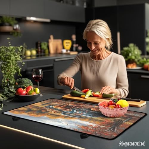 Image of Cattle Pumpkin Cat Stove Top Covers for Electric Stove, Heart Resistant Dish Drying Mat for Kitchen, Non-Slip Dust-proof Mat for Glass Stove Top, Thanksgiving Decorations