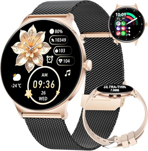 HIRREO Montre Connectée Femme avec Appel Bluetooth pour Android iOS,1,43'' AMOLED Fitness Tracker avec 100+ Modes Sportifs,Podomètre,IP68 étanche Sport Smartwatch Femme Gold Noir