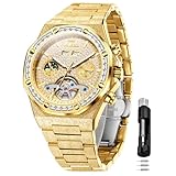 OLEVS Automatic Watch for Men 44MM Large Dial Frosted Gold Octagon Self-Winding Diamond Waterproof Stainless Steel Wrist Watches Tourbillon Skeleton Mechanical