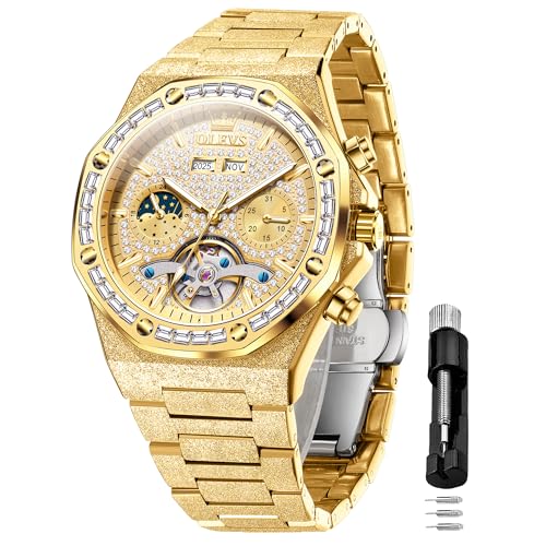 OLEVS Automatic Watch for Men 44MM Large Dial Frosted Gold Octagon Self-Winding Diamond Waterproof Stainless Steel Wrist Watches Tourbillon Skeleton Mechanical