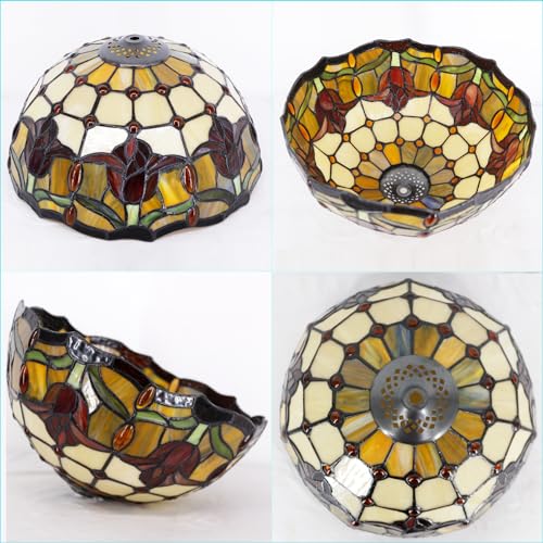 Image of 12Inch Tiffany Stained Glass LampShade Replacement Only (Red Tulip Flower) | Stained Glass Style Lampshade with Cap fit for Table lamp Pendant Light Ceiling Fixture