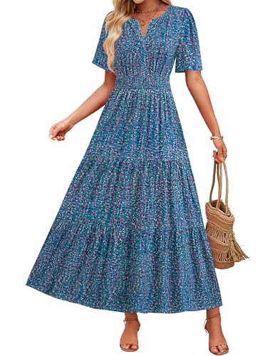 Image of ZESICA Women's 2026 Summer Spring Floral Boho Maxi Dresses Casual Short Sleeve V Neck A Line Flowy Beach Vacation Dress