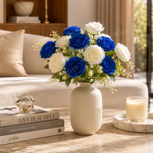 Image of Divyakosh Artificial Flowers Bunch (Vase Not Included). Artificial Flower for Vase, 5 Royal Blue & 5 Cream White Peony Bouquet, Artificial Flower for Living Room Office Dining Table