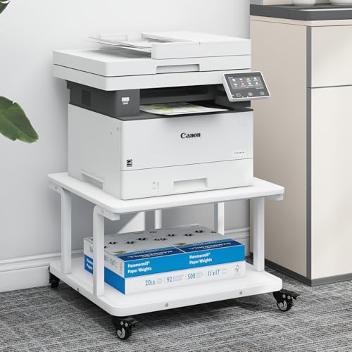 PUNCIA 2-Tier Laser Printer Stand with Storage Shelf 60x50x38cm Large Printer Table Movable Copier Stand Under Desk Heavy Duty Rolling Cart Printer Holder on Wheels for Home Office (White)